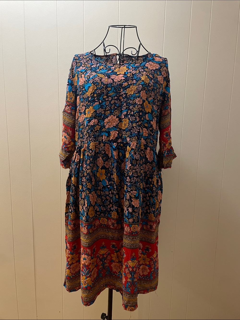 Floral Boho Midi Dress - Navy & Red